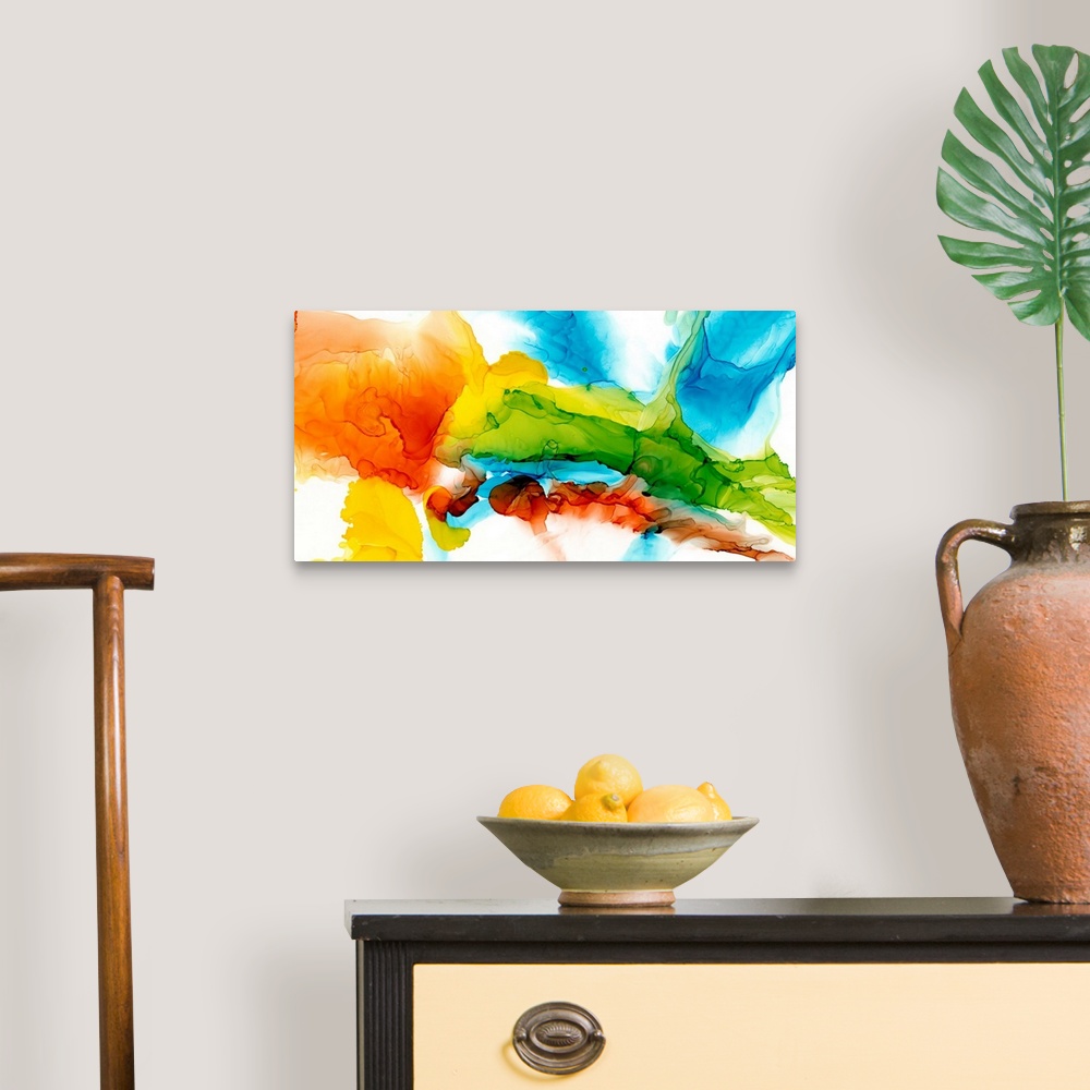 A traditional room featuring A punchy, bright, abstract created with an alcohol ink technique. Featuring turquoise, lime and c...