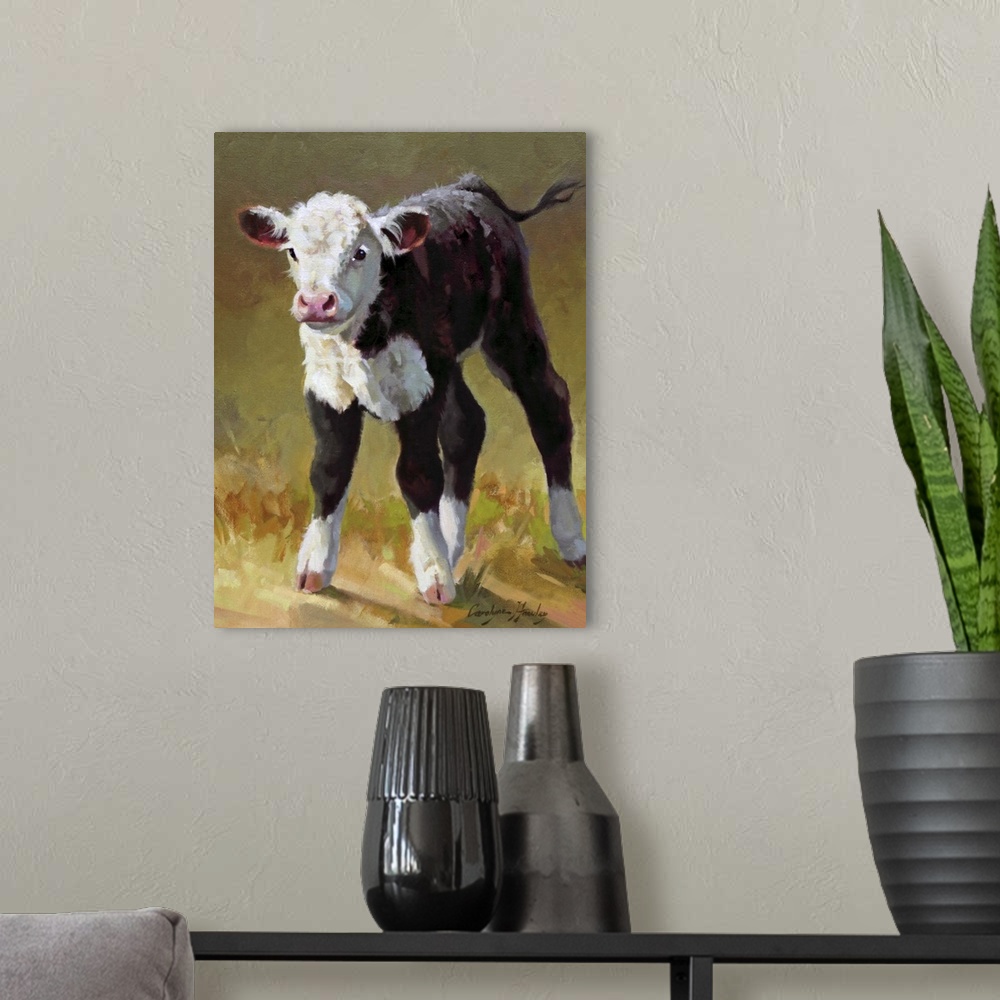 A modern room featuring Contemporary artwork of a young brown and white calf.