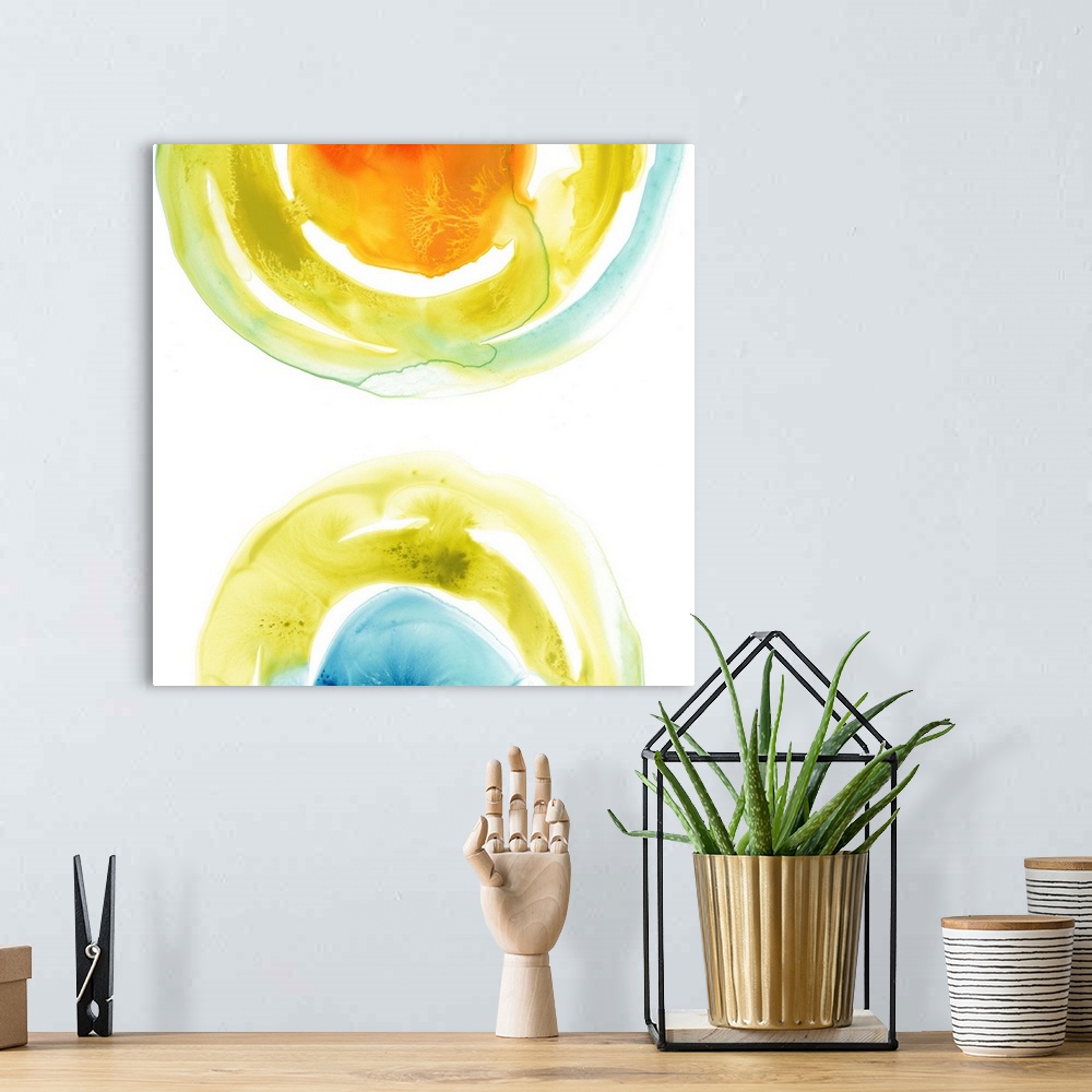 A bohemian room featuring This abstract art illustrates the continuity of energy with vibrant colors in textured circular s...
