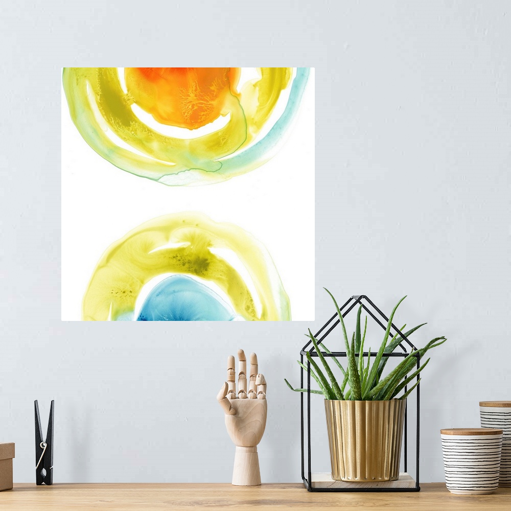 A bohemian room featuring This abstract art illustrates the continuity of energy with vibrant colors in textured circular s...