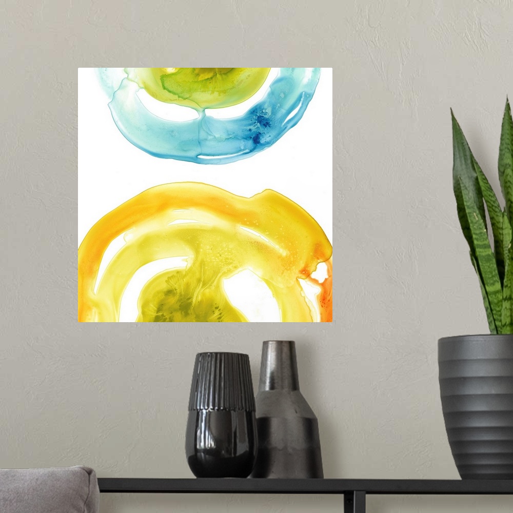 A modern room featuring This abstract art illustrates the continuity of energy with vibrant colors in textured circular s...