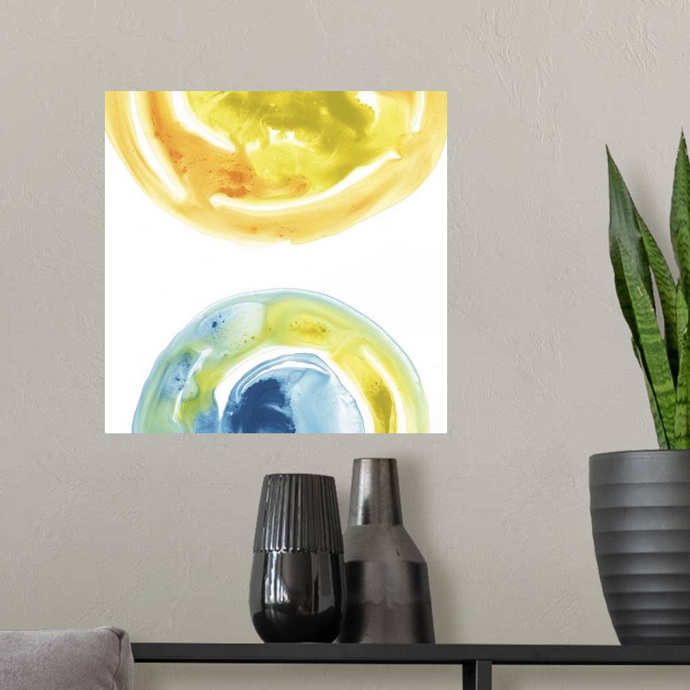 A modern room featuring This abstract art illustrates the continuity of energy with vibrant colors in textured circular s...