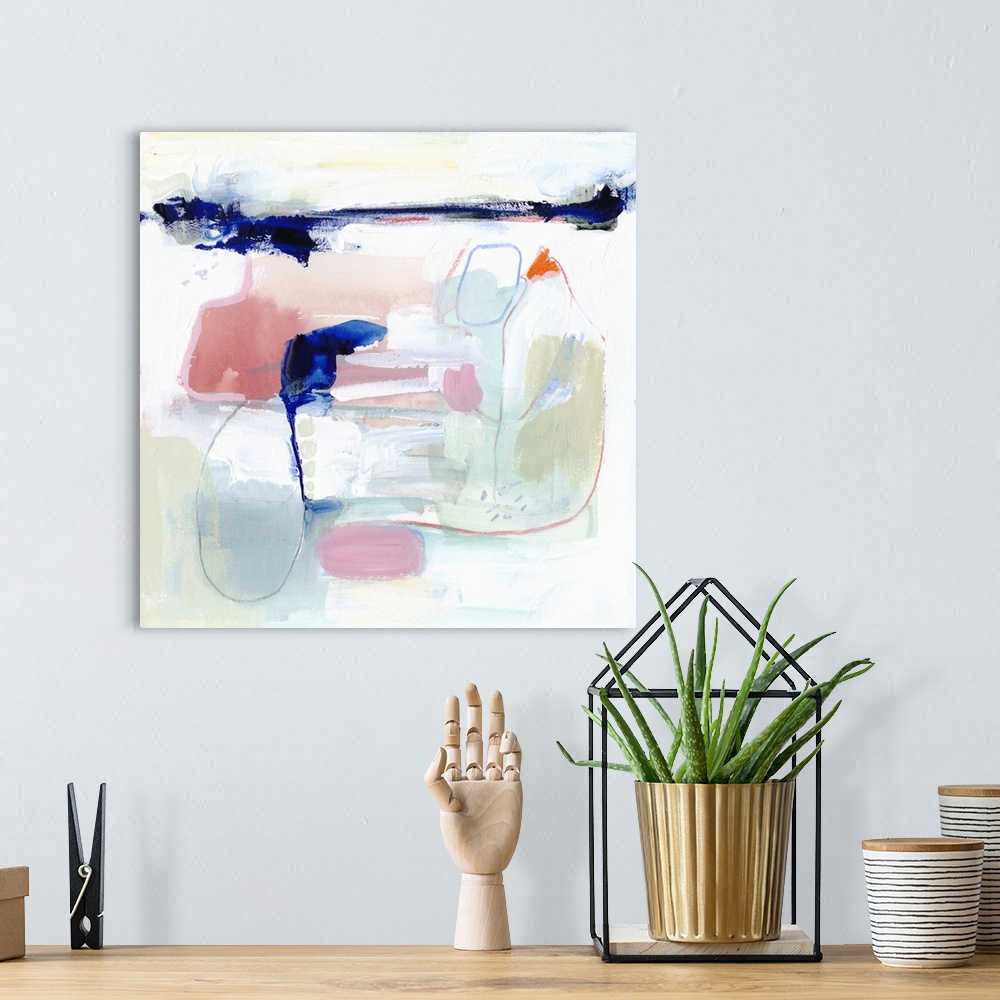 A bohemian room featuring Square abstract painting in pastel tones of green, blue, pink and white with overlaying fine blac...