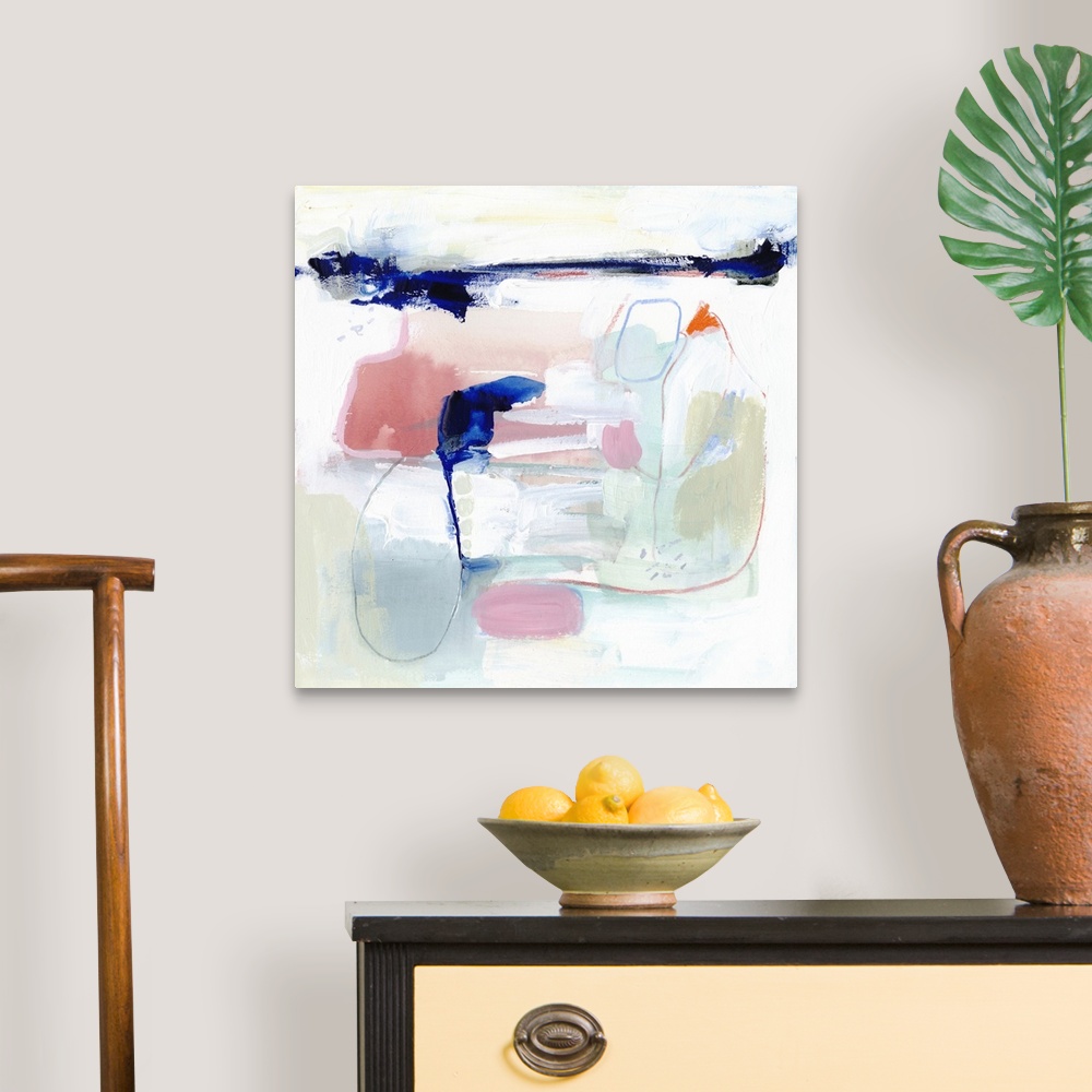 A traditional room featuring Square abstract painting in pastel tones of green, blue, pink and white with overlaying fine blac...
