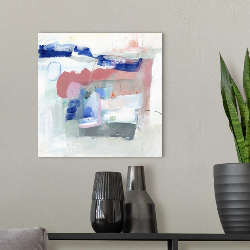 A modern room featuring Square abstract painting in pastel tones of green, blue, pink and white with overlaying fine blac...