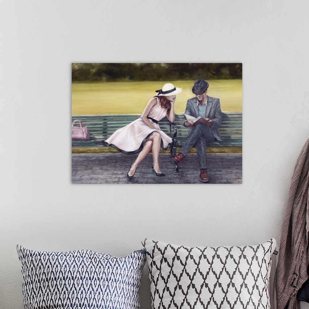 A bohemian room featuring Contemporary painting of a well-dressed couple on a park bench.