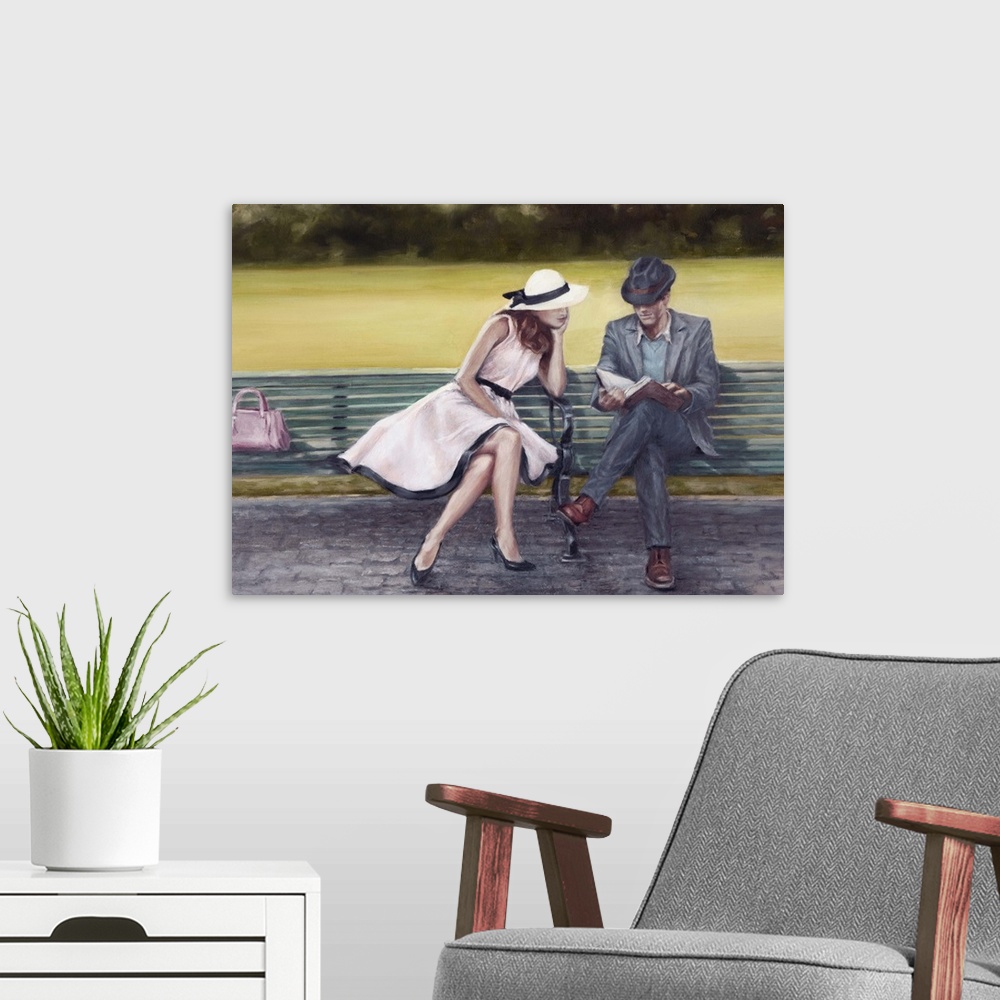 A modern room featuring Contemporary painting of a well-dressed couple on a park bench.