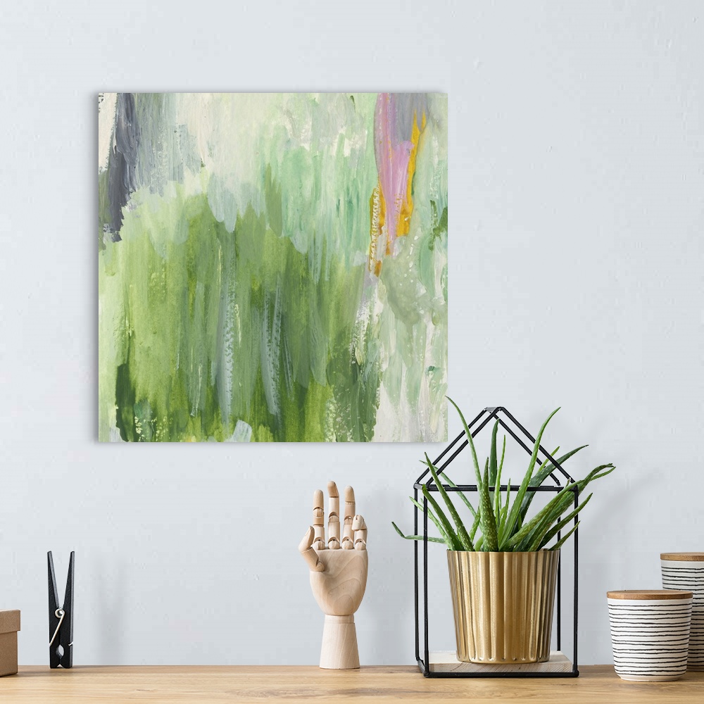 A bohemian room featuring Colorful contemporary abstract painting using pink and green.