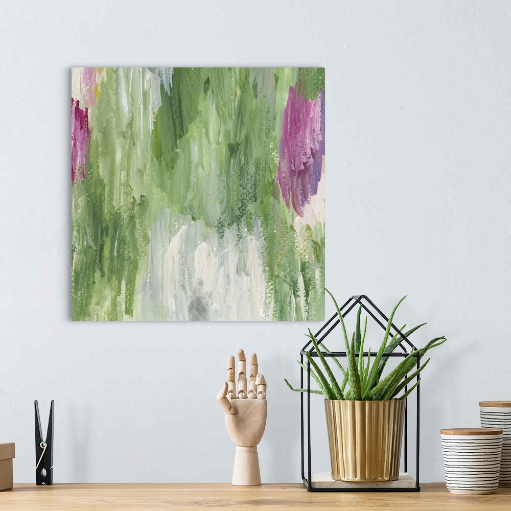 A bohemian room featuring Colorful contemporary abstract painting using pink and green.