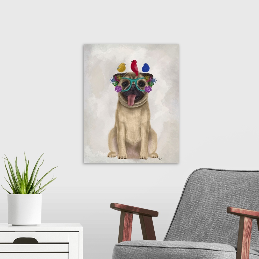 A modern room featuring Pug and Flower Glasses