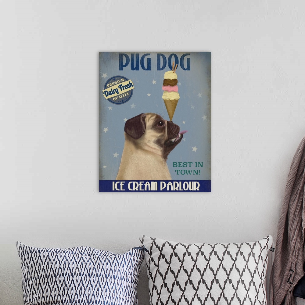 A bohemian room featuring Decorative artwork of a Pug balancing an ice cream cone on its nose in an advertisement for an ic...