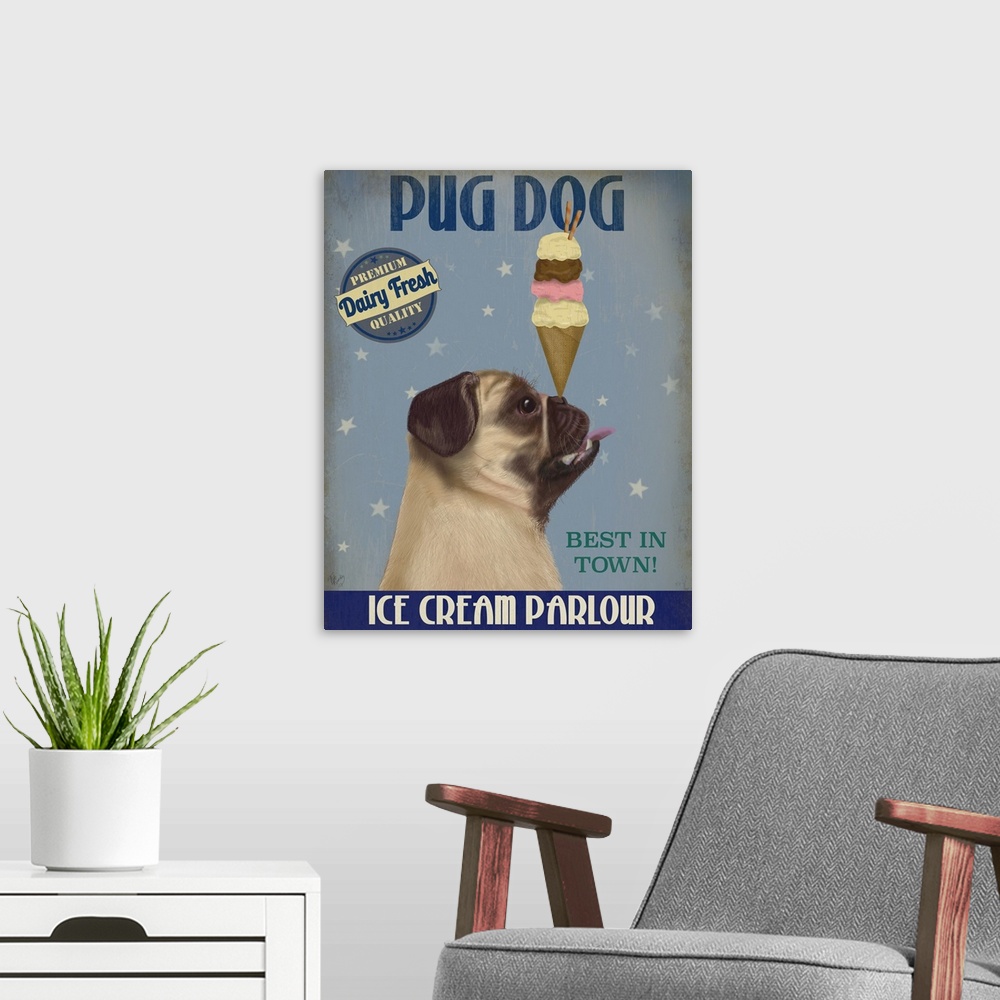 A modern room featuring Decorative artwork of a Pug balancing an ice cream cone on its nose in an advertisement for an ic...
