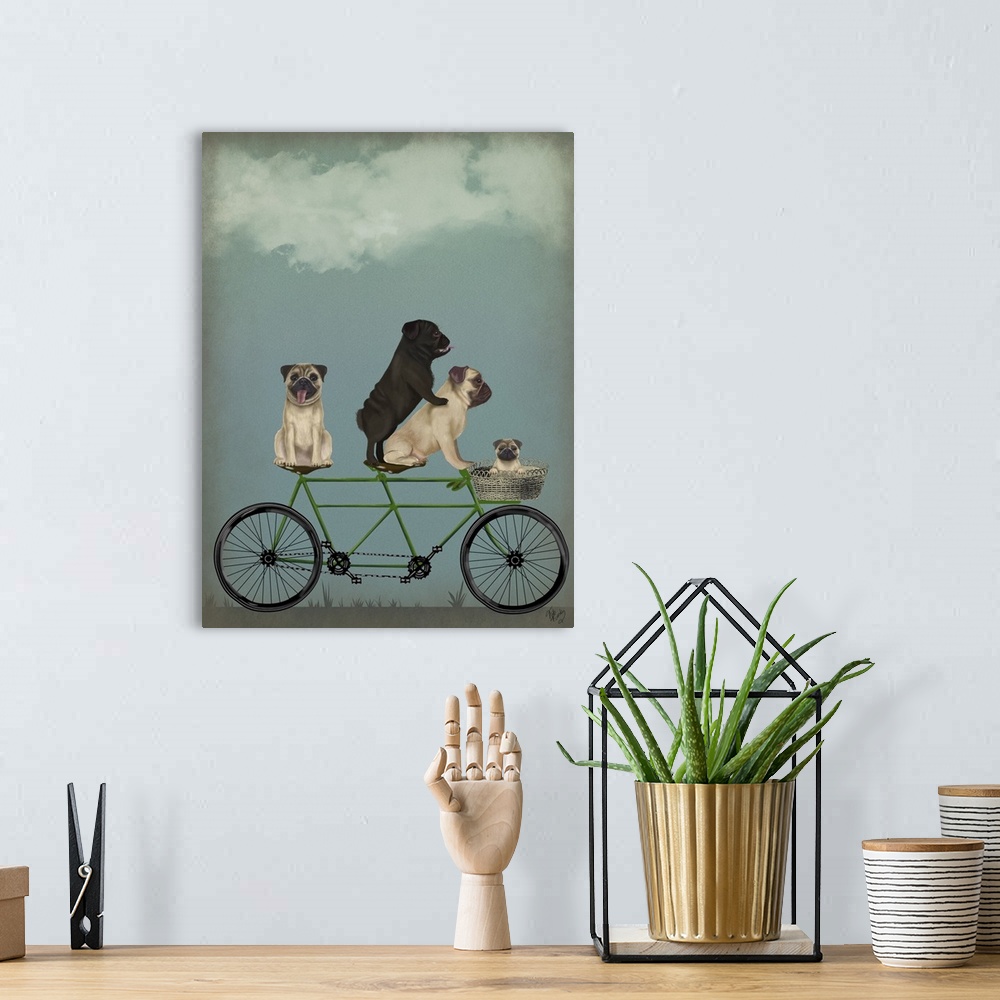 A bohemian room featuring Decorative artwork of four Pugs riding on a green tandem bicycle with one puppy riding in the bas...