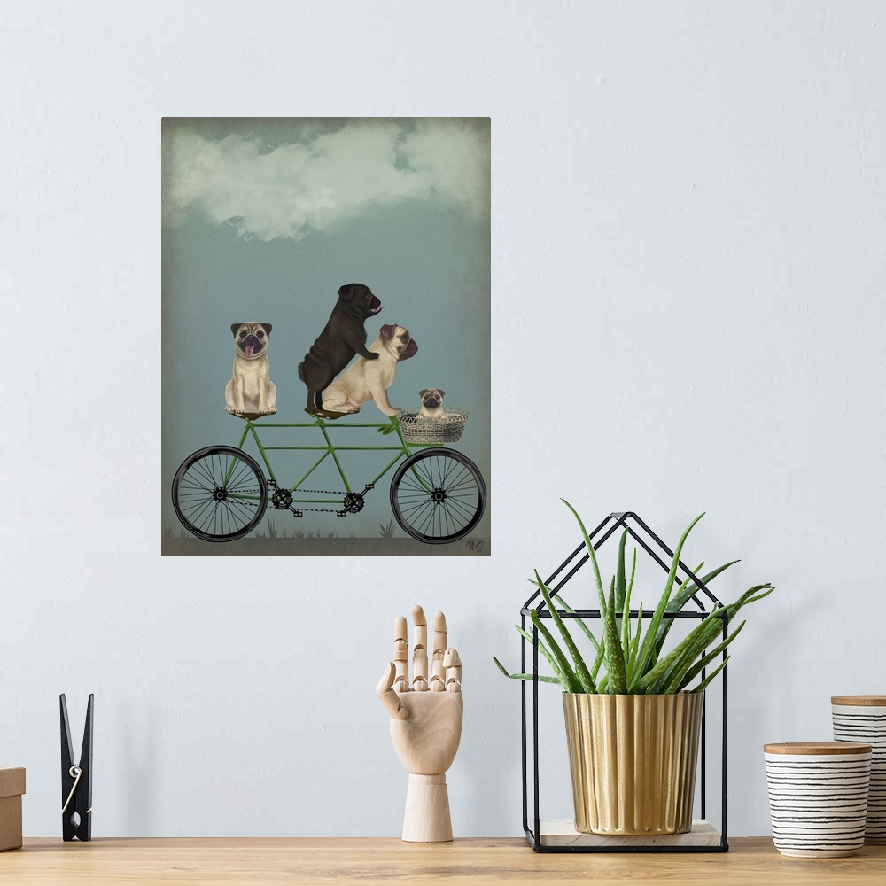 A bohemian room featuring Decorative artwork of four Pugs riding on a green tandem bicycle with one puppy riding in the bas...