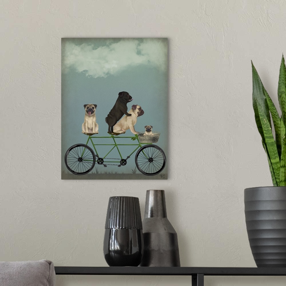 A modern room featuring Decorative artwork of four Pugs riding on a green tandem bicycle with one puppy riding in the bas...