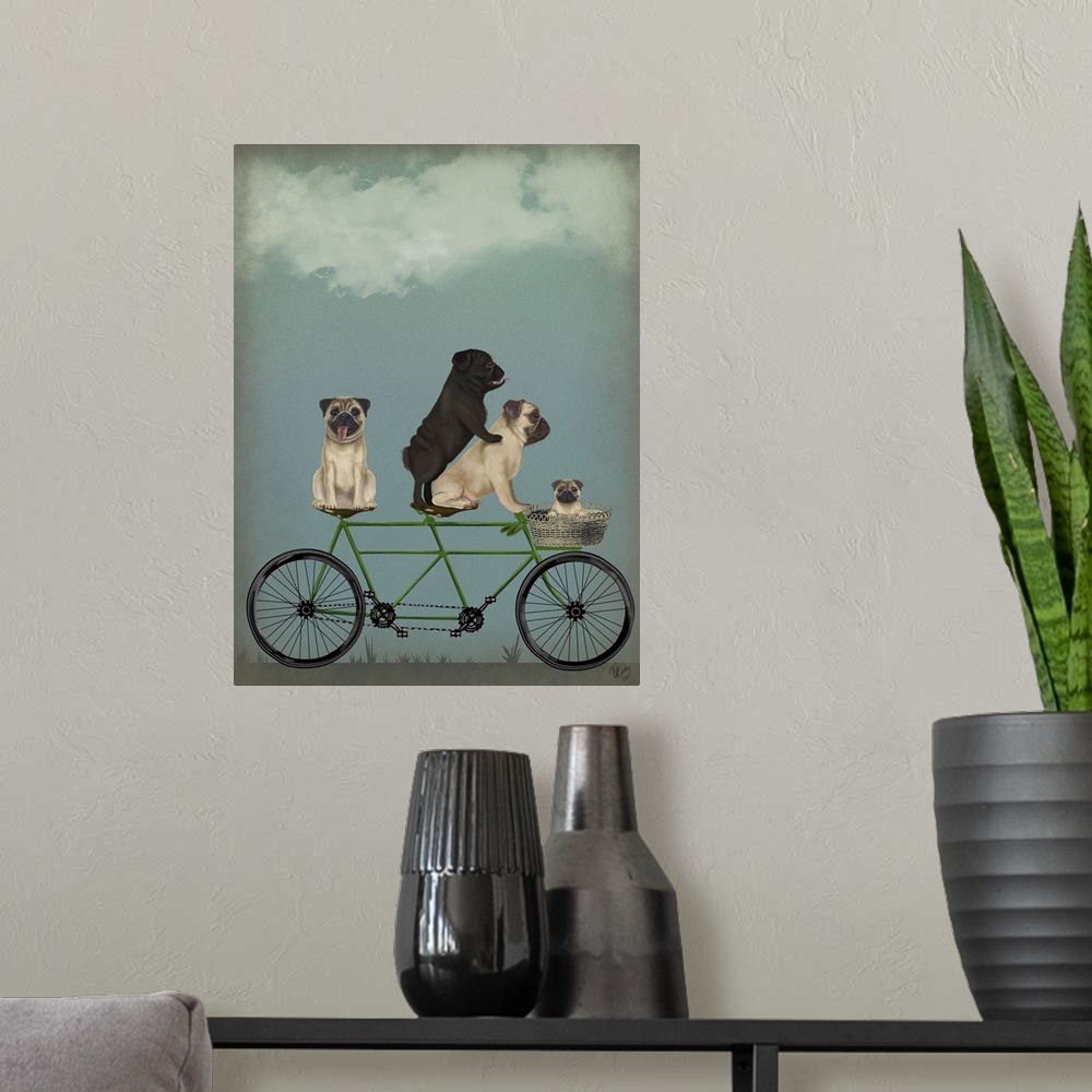 A modern room featuring Decorative artwork of four Pugs riding on a green tandem bicycle with one puppy riding in the bas...