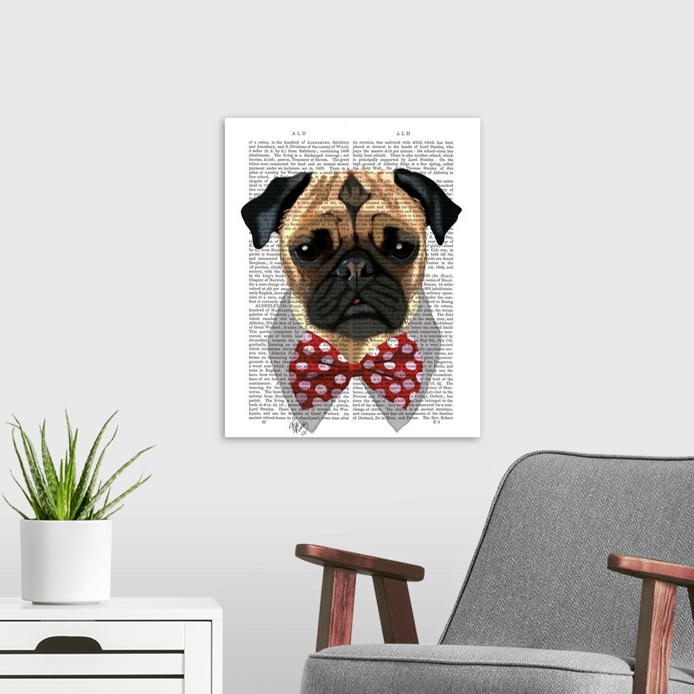 A modern room featuring Pug with Red Spotted Bow Tie
