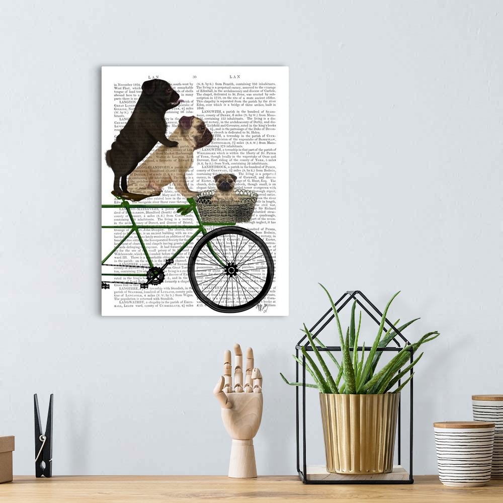 A bohemian room featuring Decorative artwork with pugs riding on a bicycle, painted on the page of a book.