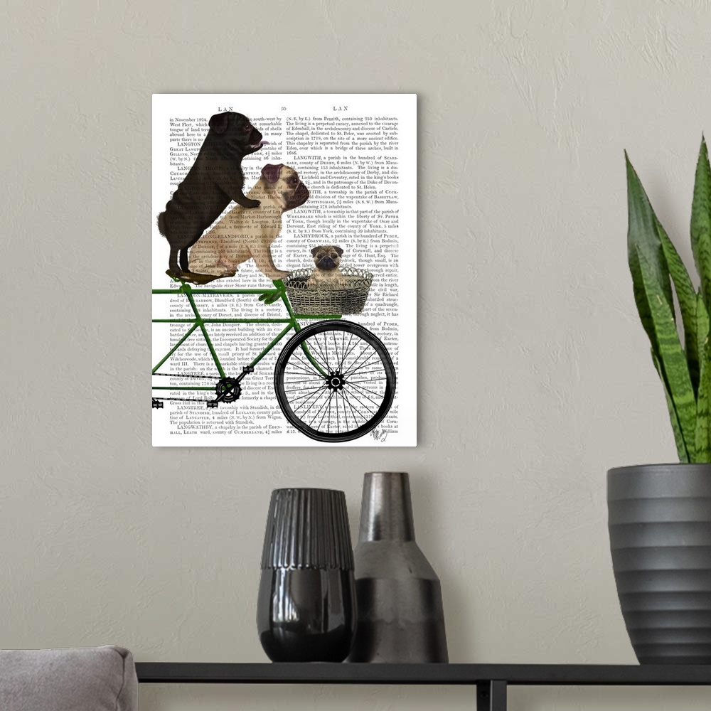 A modern room featuring Decorative artwork with pugs riding on a bicycle, painted on the page of a book.