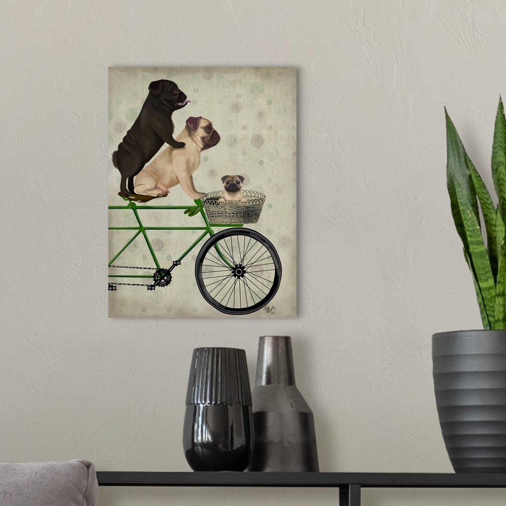 A modern room featuring Decorative artwork of two Pugs riding on a green bicycle with a baby pug in the basket on the front.