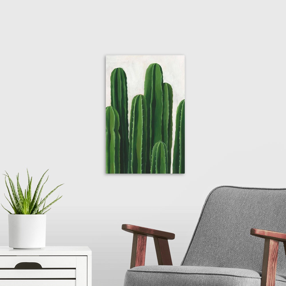 A modern room featuring Artwork featuring luscious cacti against a mottled background with gray and off-white brush strokes.