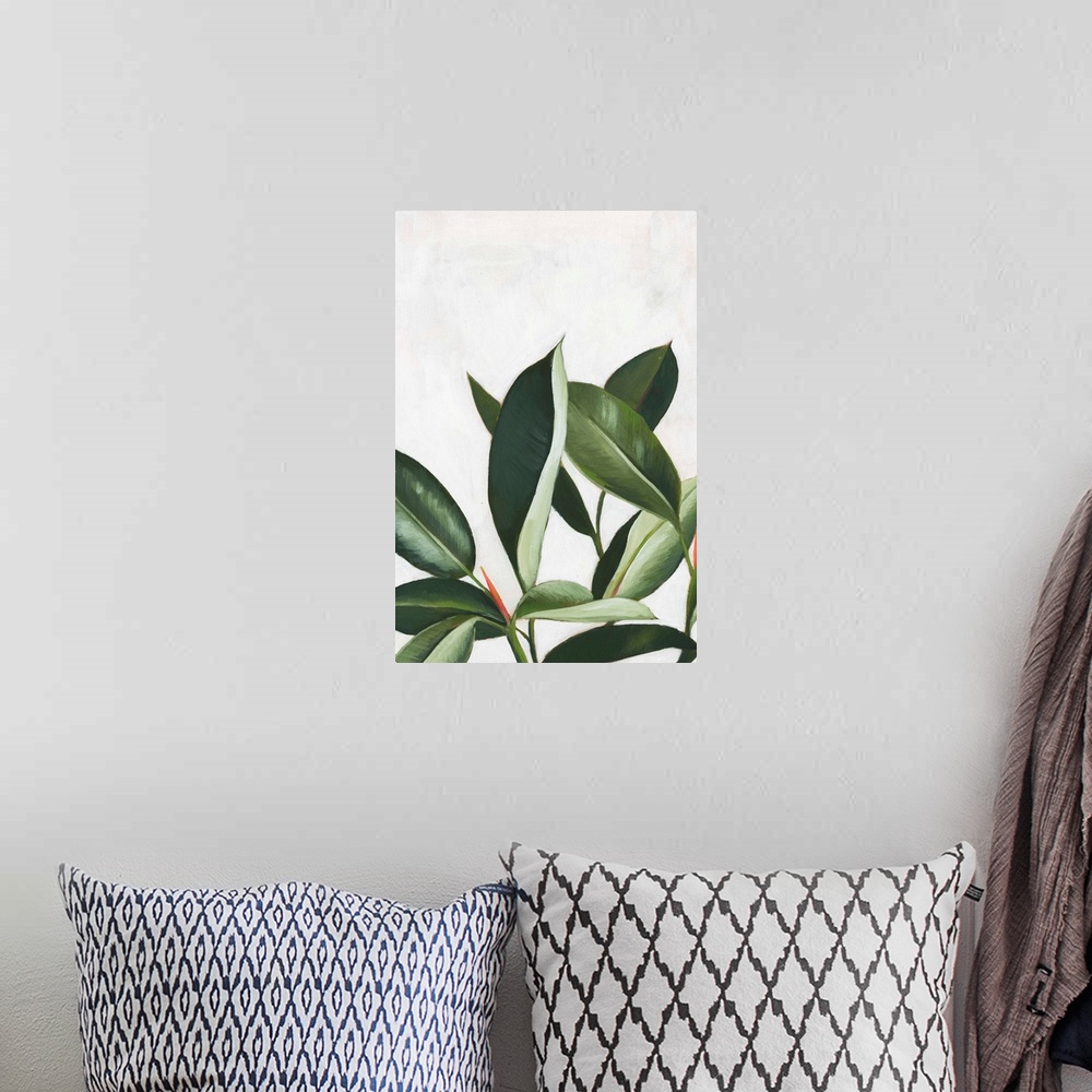 A bohemian room featuring Artwork featuring luscious leaves against a mottled background with gray and off-white brush stro...