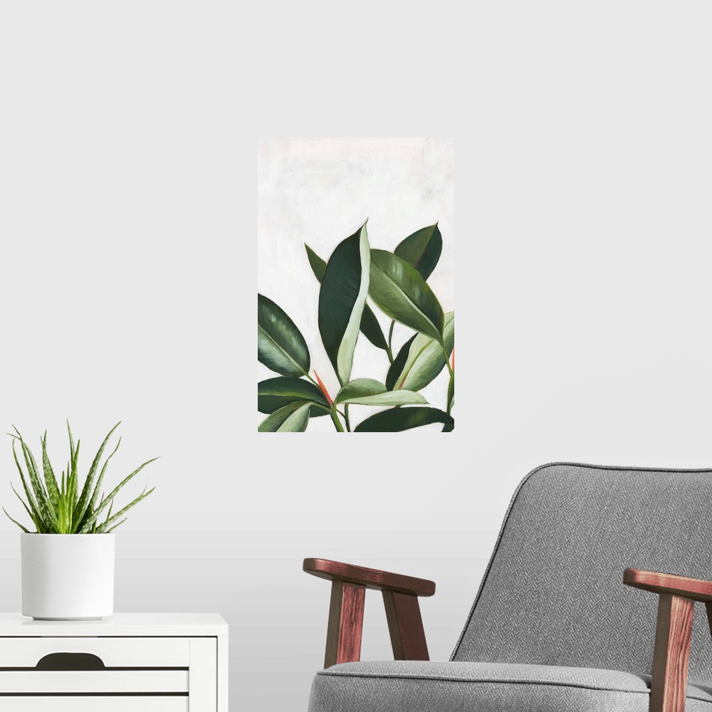 A modern room featuring Artwork featuring luscious leaves against a mottled background with gray and off-white brush stro...