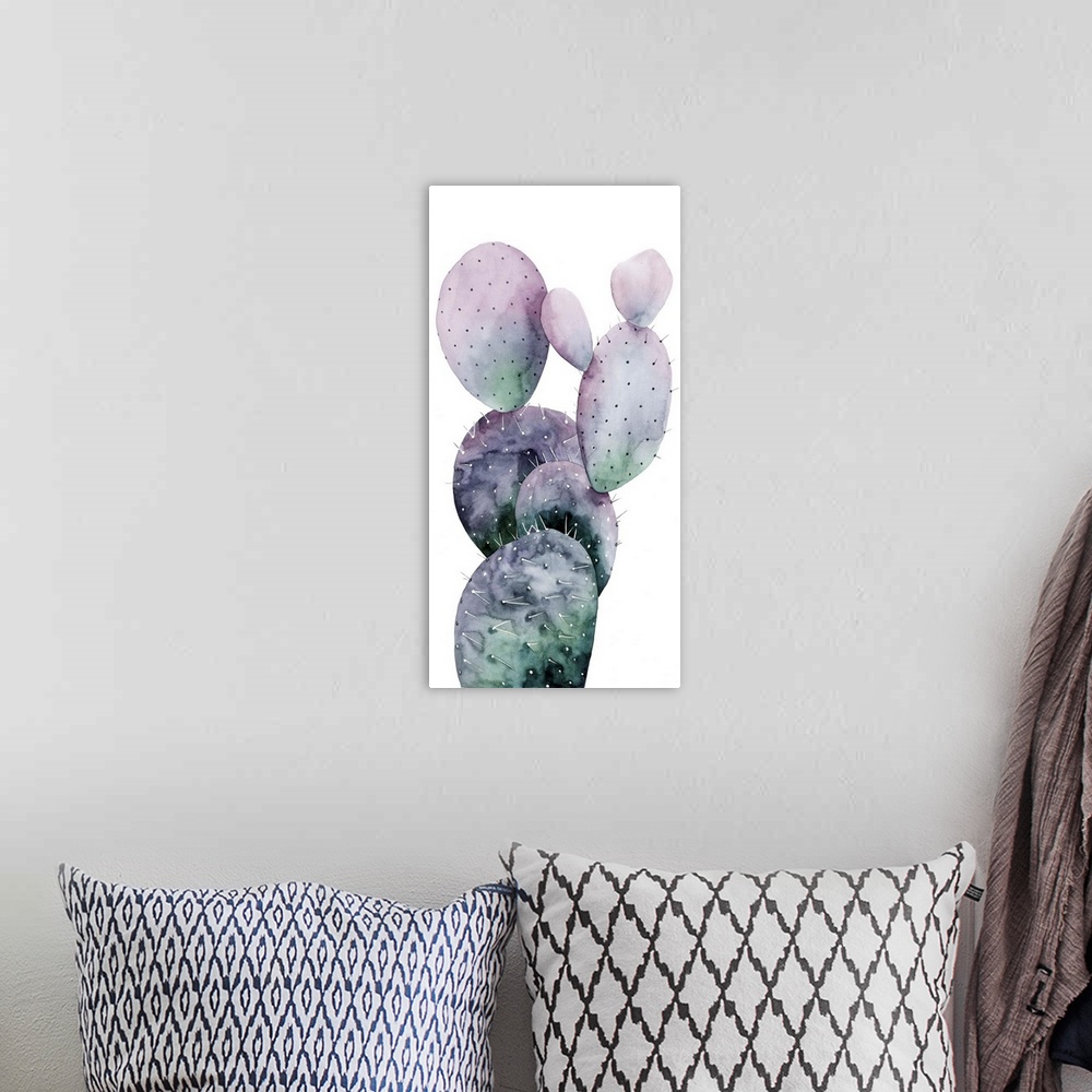 A bohemian room featuring Watercolor painting of a purple and green toned cactus on a white panel background.