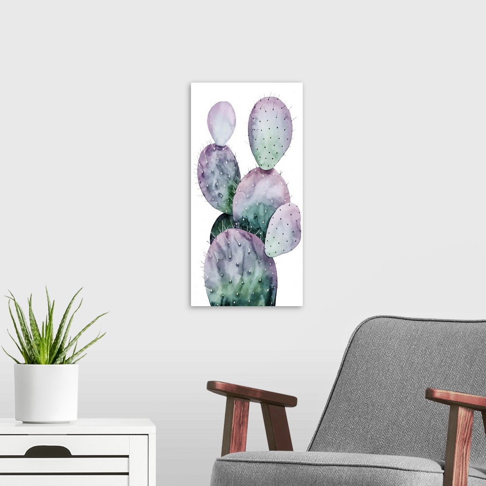 A modern room featuring Watercolor painting of a purple and green toned cactus on a white panel background.