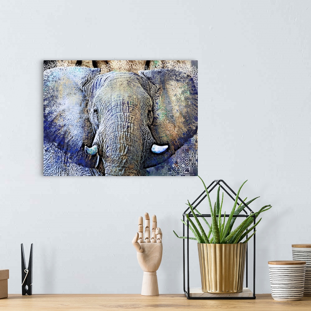 A bohemian room featuring This digital artwork features overlapping images of an elephant, global tile pattern and paint sp...