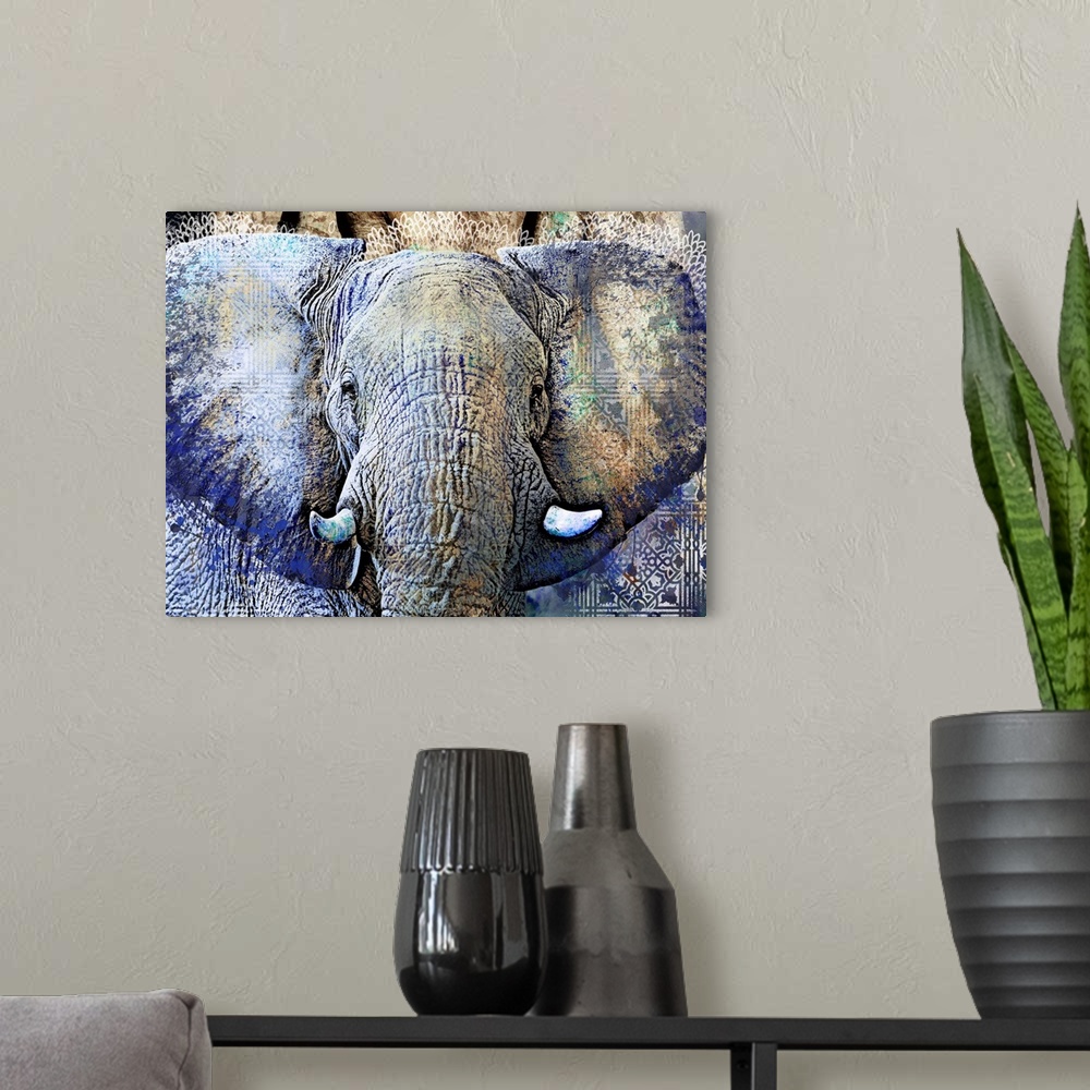 A modern room featuring This digital artwork features overlapping images of an elephant, global tile pattern and paint sp...