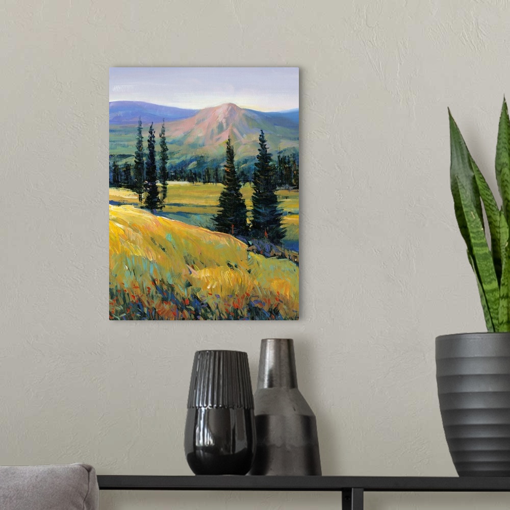 A modern room featuring Contemporary painting of a mountain valley landscape with a small river and pine trees.