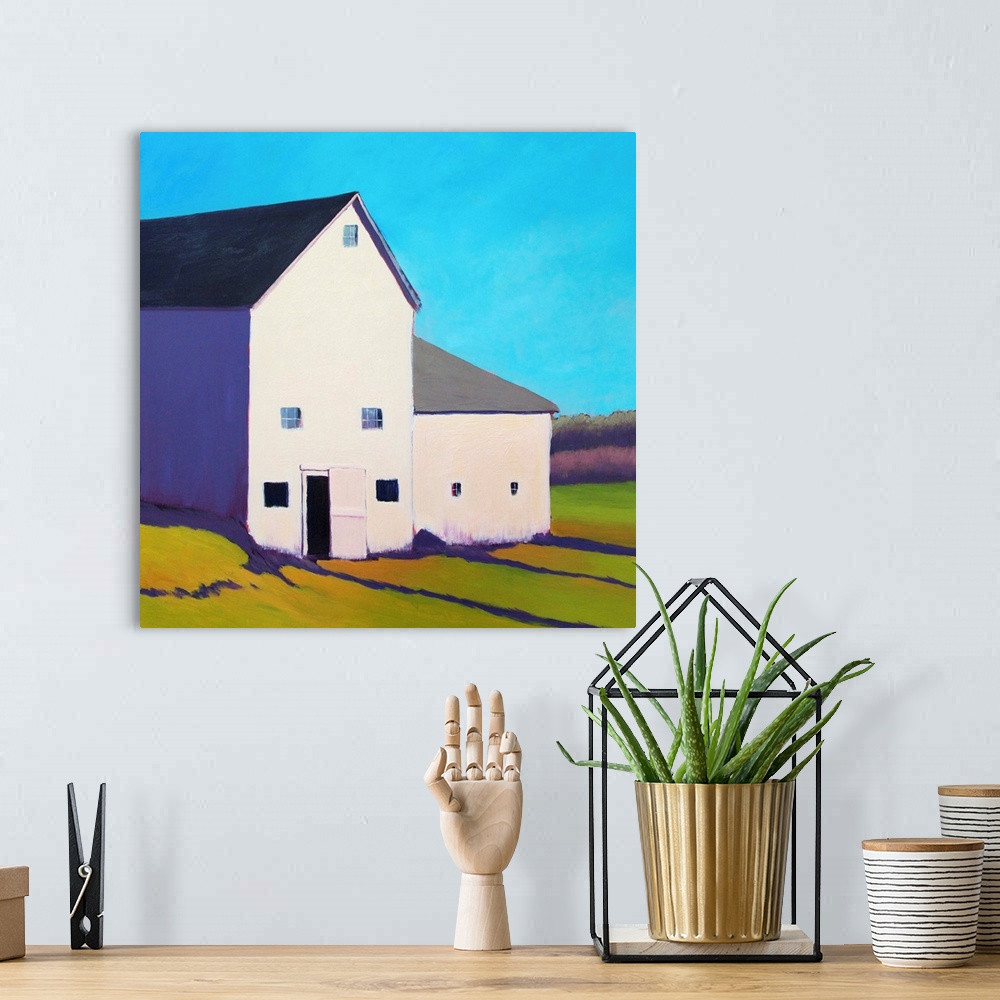 A bohemian room featuring Contemporary painting of a white barn in a rural field in afternoon light.