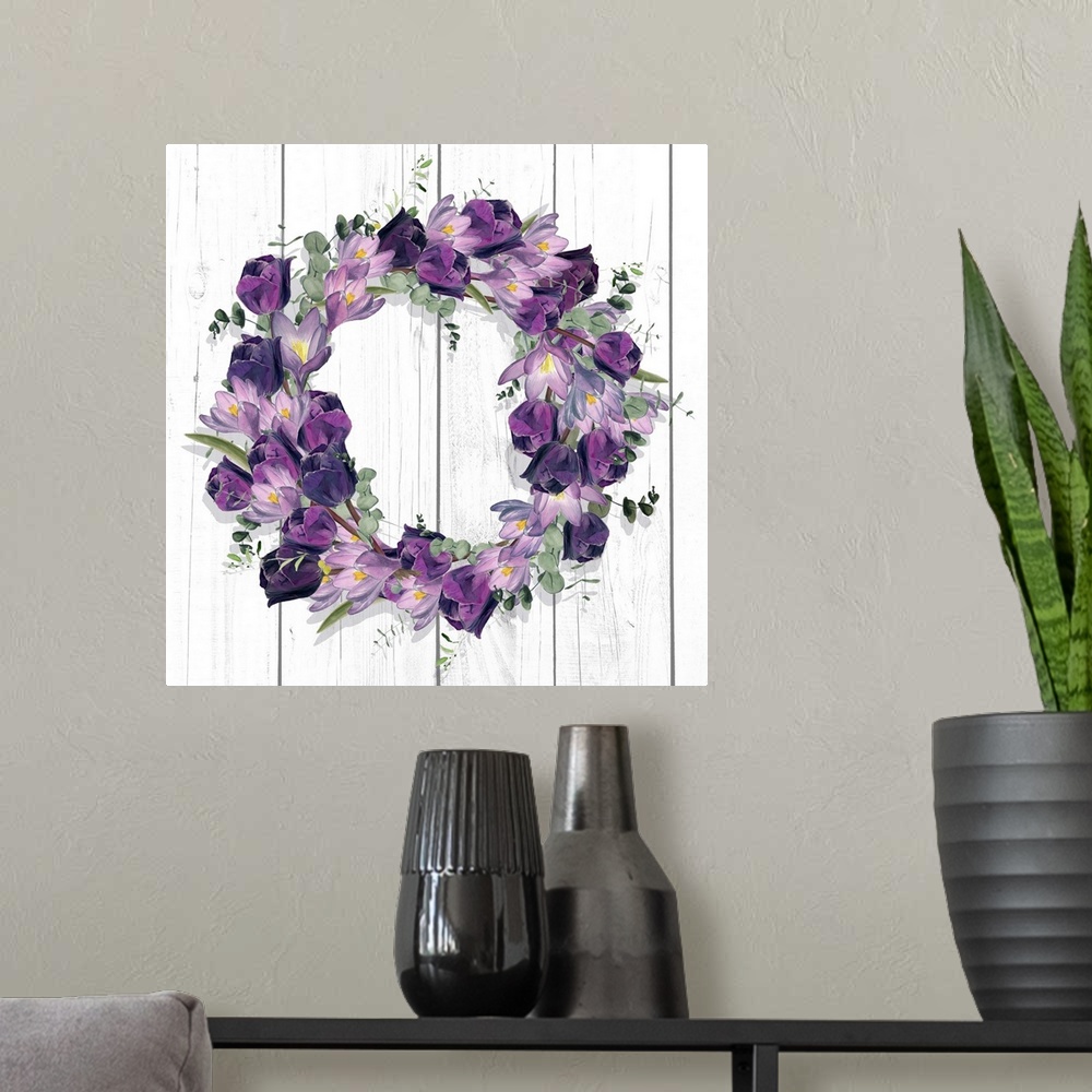 A modern room featuring Purple Tulip Wreath I