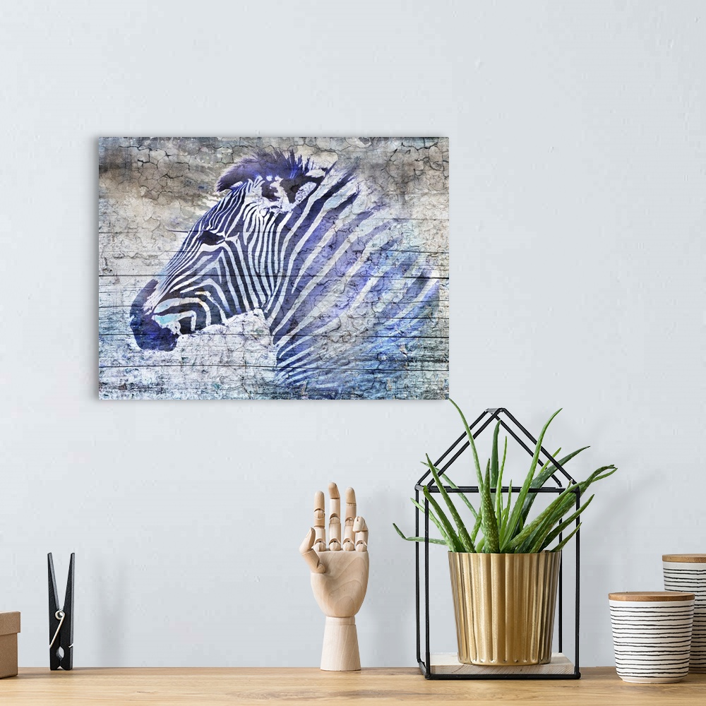 A bohemian room featuring Digital artwork of a purple zebra over horizontal wood boards with a dried cracking texture throu...