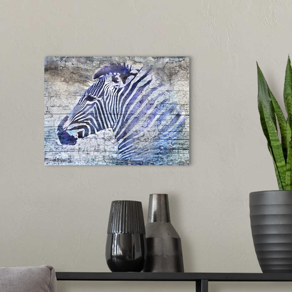 A modern room featuring Digital artwork of a purple zebra over horizontal wood boards with a dried cracking texture throu...