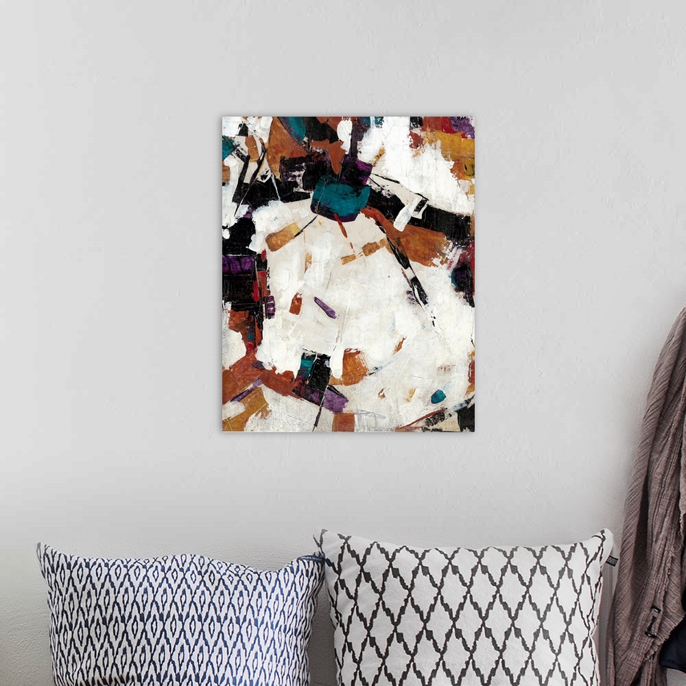 A bohemian room featuring Contemporary abstract painting using dark weathered colors.