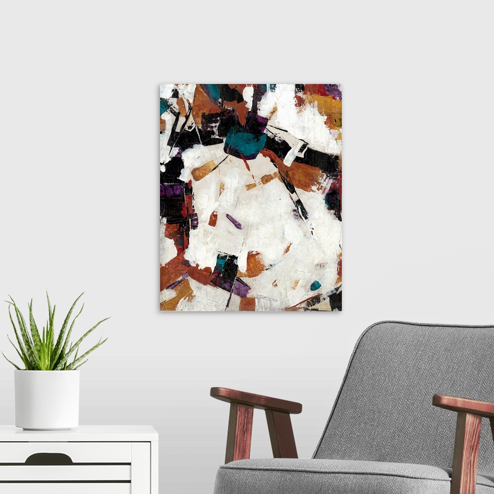 A modern room featuring Contemporary abstract painting using dark weathered colors.