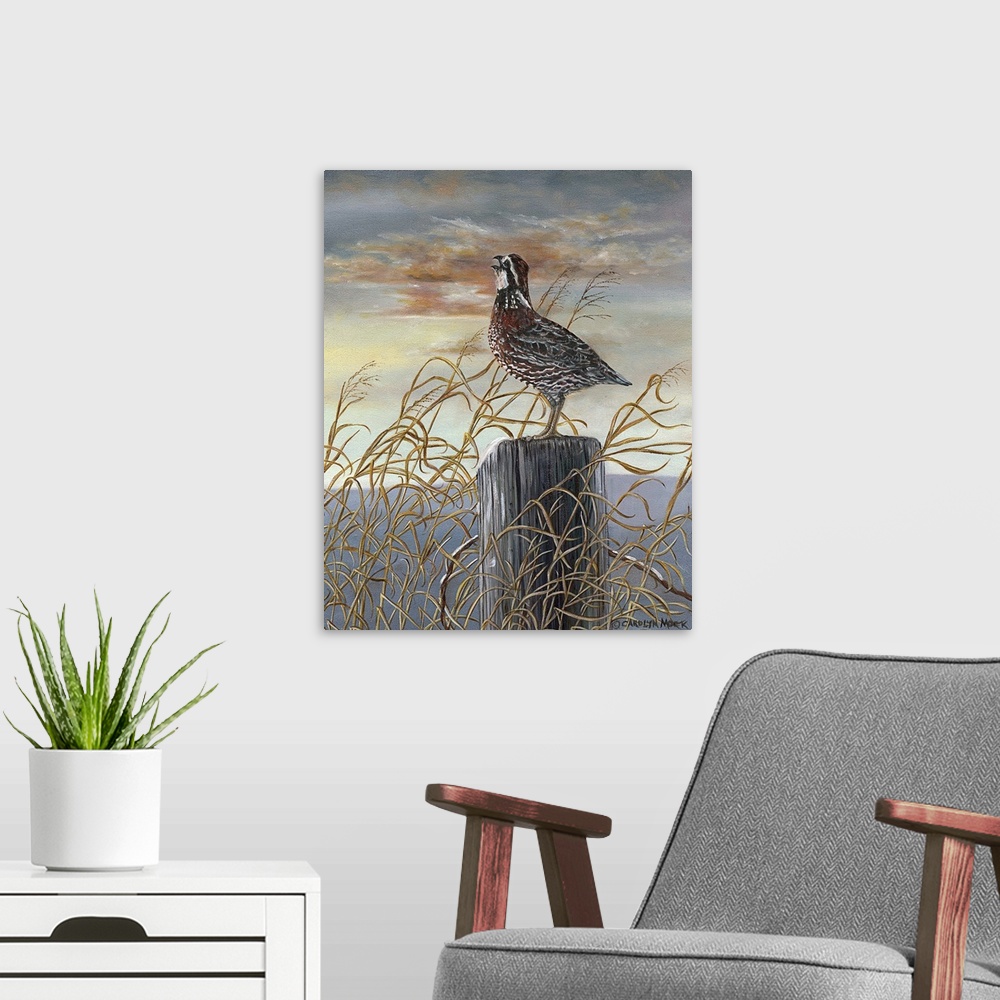 A modern room featuring Contemporary painting of a quail standing on a wooden post under a sunset sky.