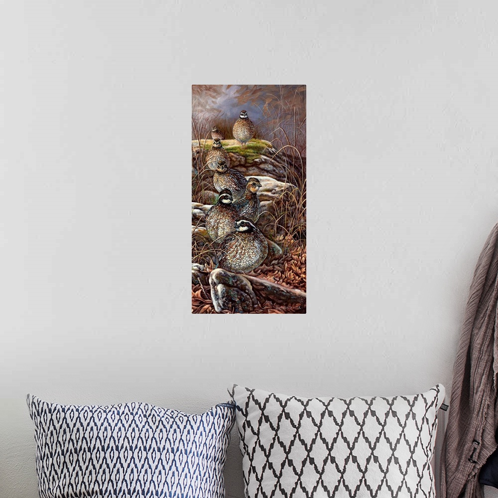 A bohemian room featuring Contemporary painting of quails sitting on rocks.