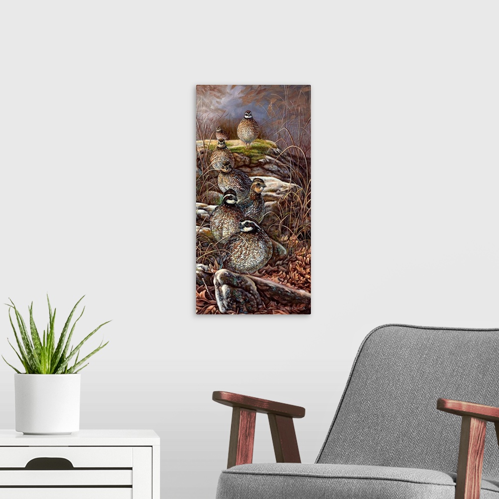 A modern room featuring Contemporary painting of quails sitting on rocks.