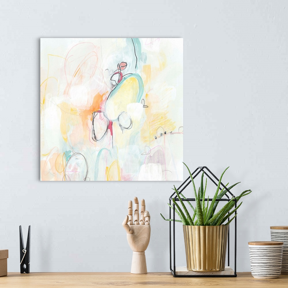 A bohemian room featuring Contemporary abstract painting using globular soft pastel colored shapes.
