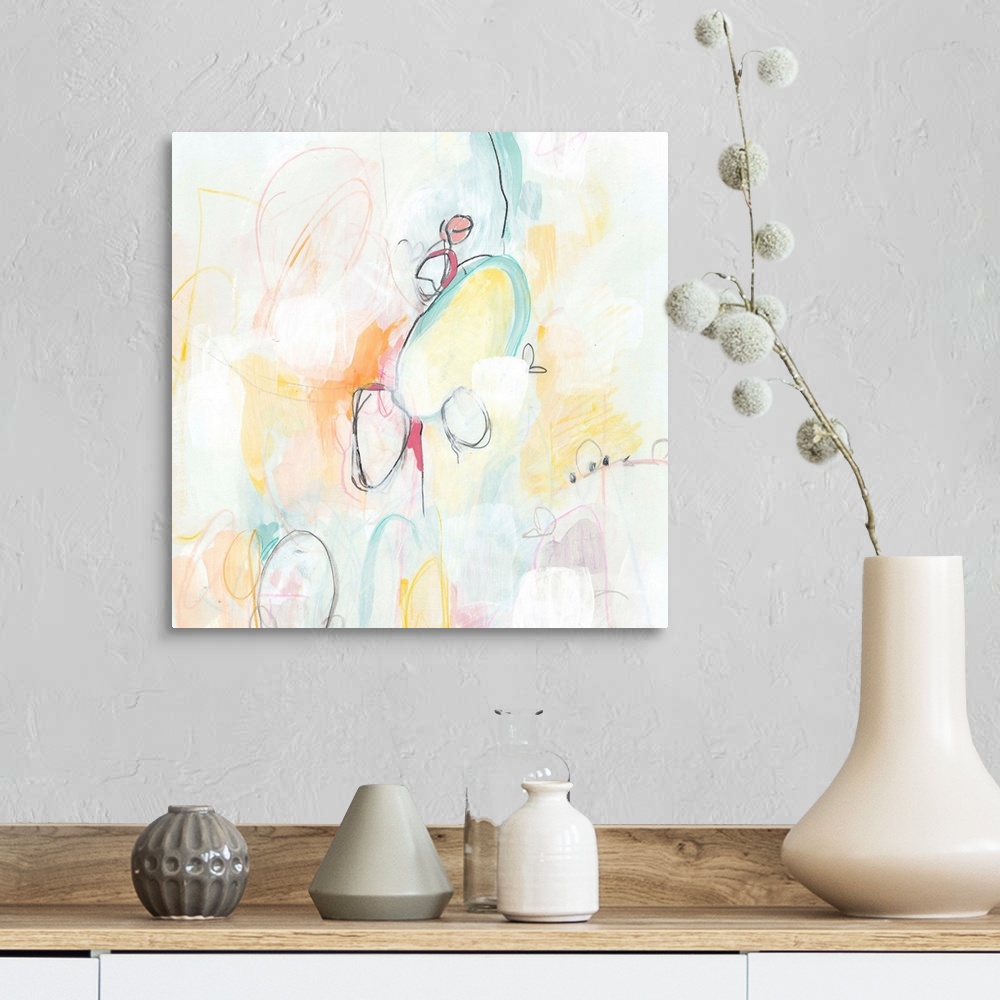 A farmhouse room featuring Contemporary abstract painting using globular soft pastel colored shapes.