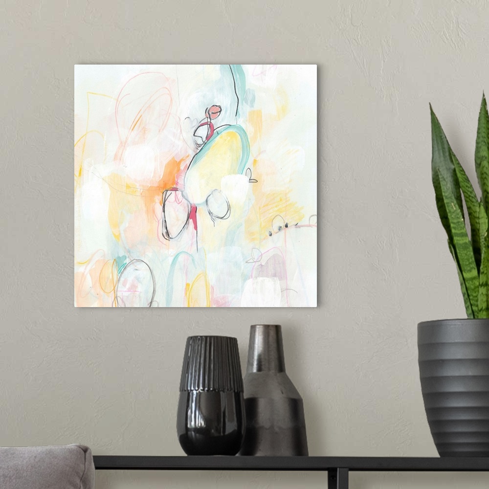 A modern room featuring Contemporary abstract painting using globular soft pastel colored shapes.