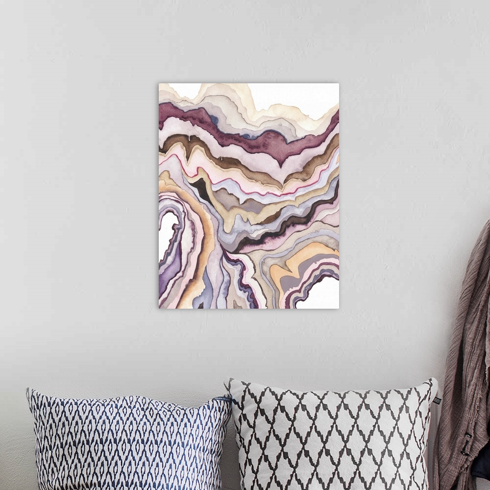 A bohemian room featuring Contemporary abstract artwork resembling a cross section view of a geode cross section.