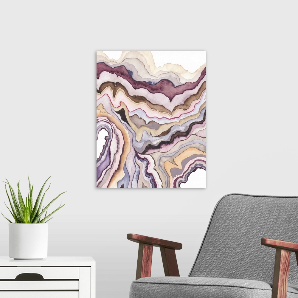 A modern room featuring Contemporary abstract artwork resembling a cross section view of a geode cross section.