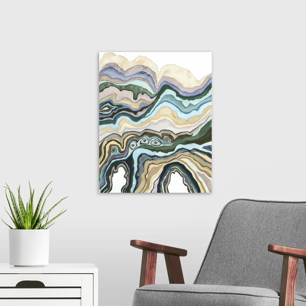 A modern room featuring Contemporary abstract artwork resembling a cross section view of a geode cross section.