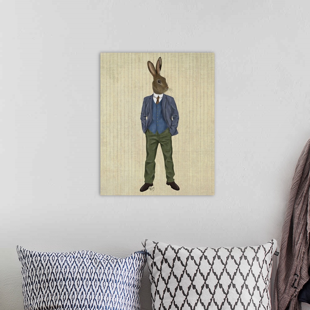 A bohemian room featuring An anthropomorphic rabbit wearing a blue coat.