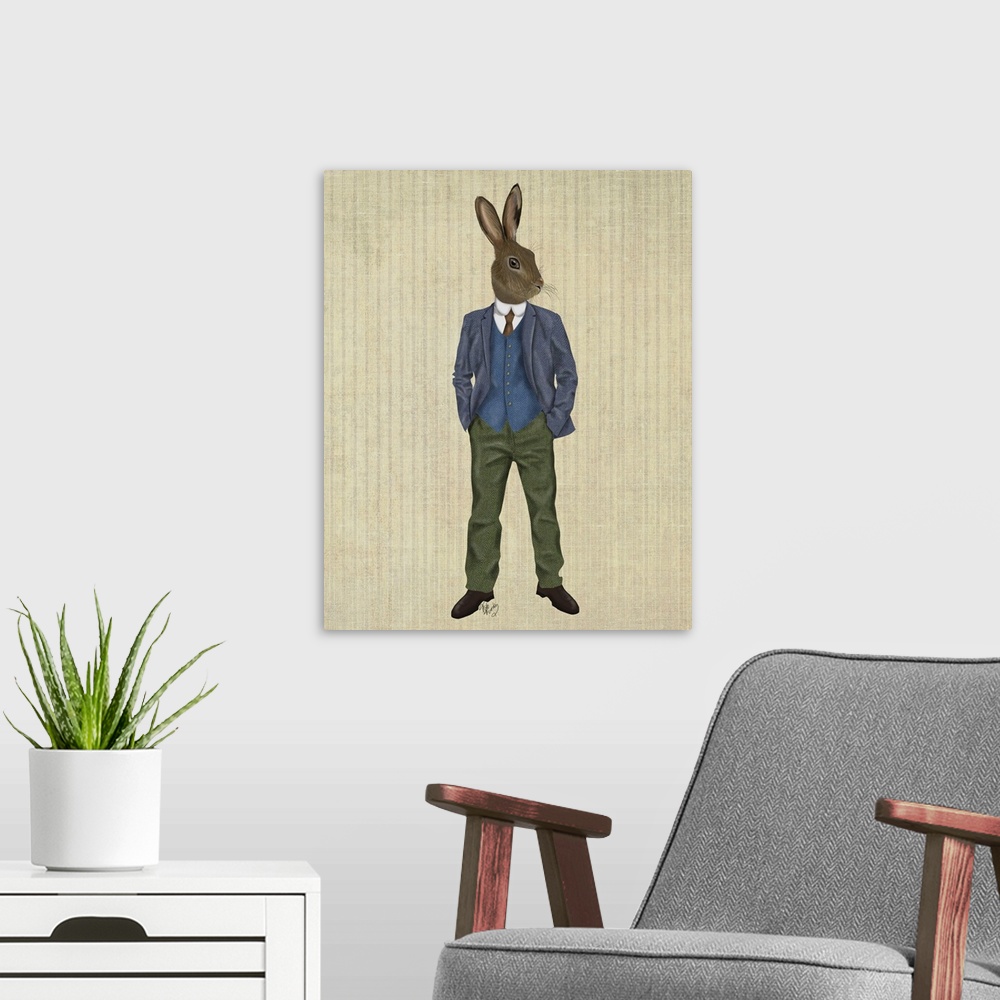 A modern room featuring An anthropomorphic rabbit wearing a blue coat.