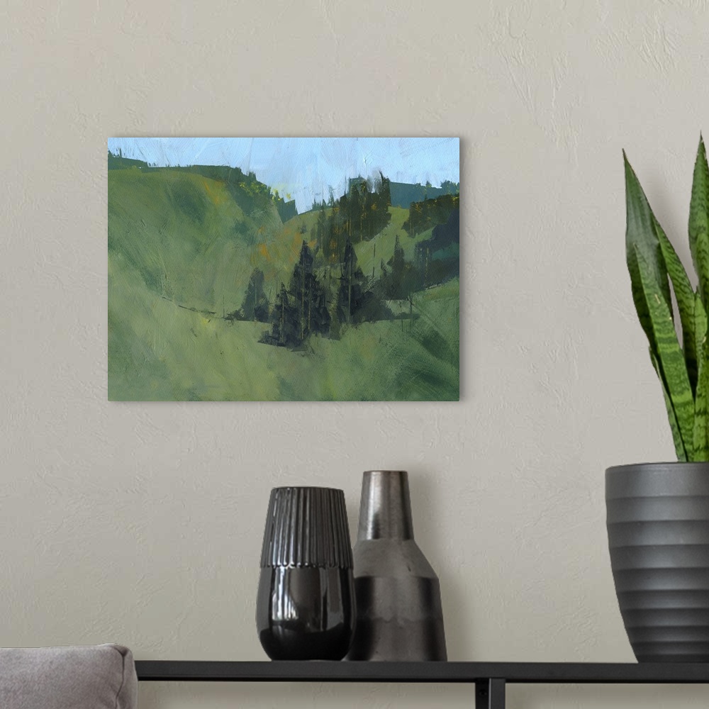 A modern room featuring Contemporary landscape painting with rolling hills and trees.